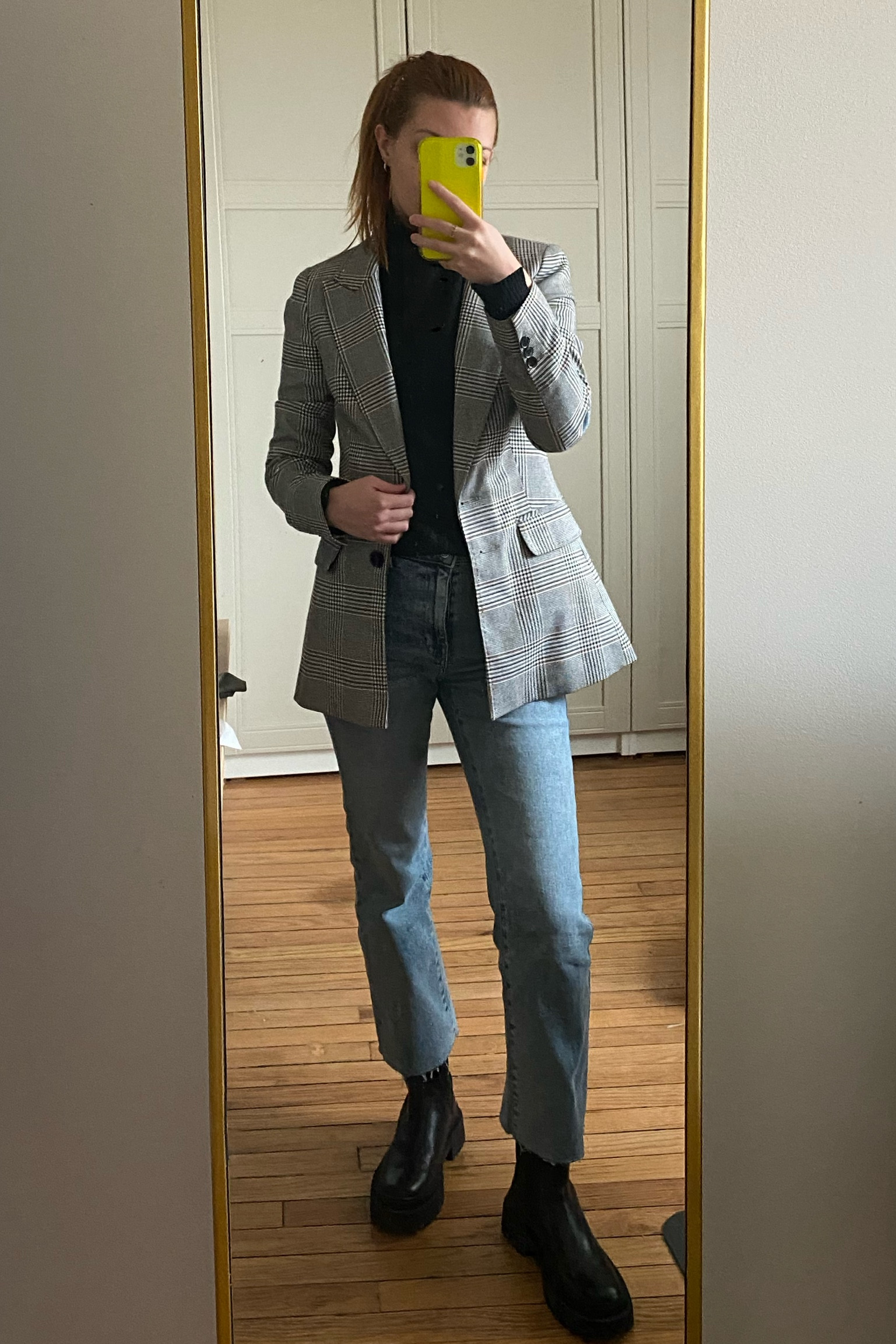 Plaid blazer suit. Turtleneck sweater. Mid rise straight ankle fit jeans denim. Chelsea boots lug sole. Outfit work wear.

#LTKworkwear #LTKstyletip
