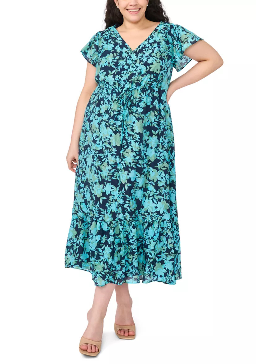Plus Size Flutter Sleeve Tie Waist Midi Dress | Belk