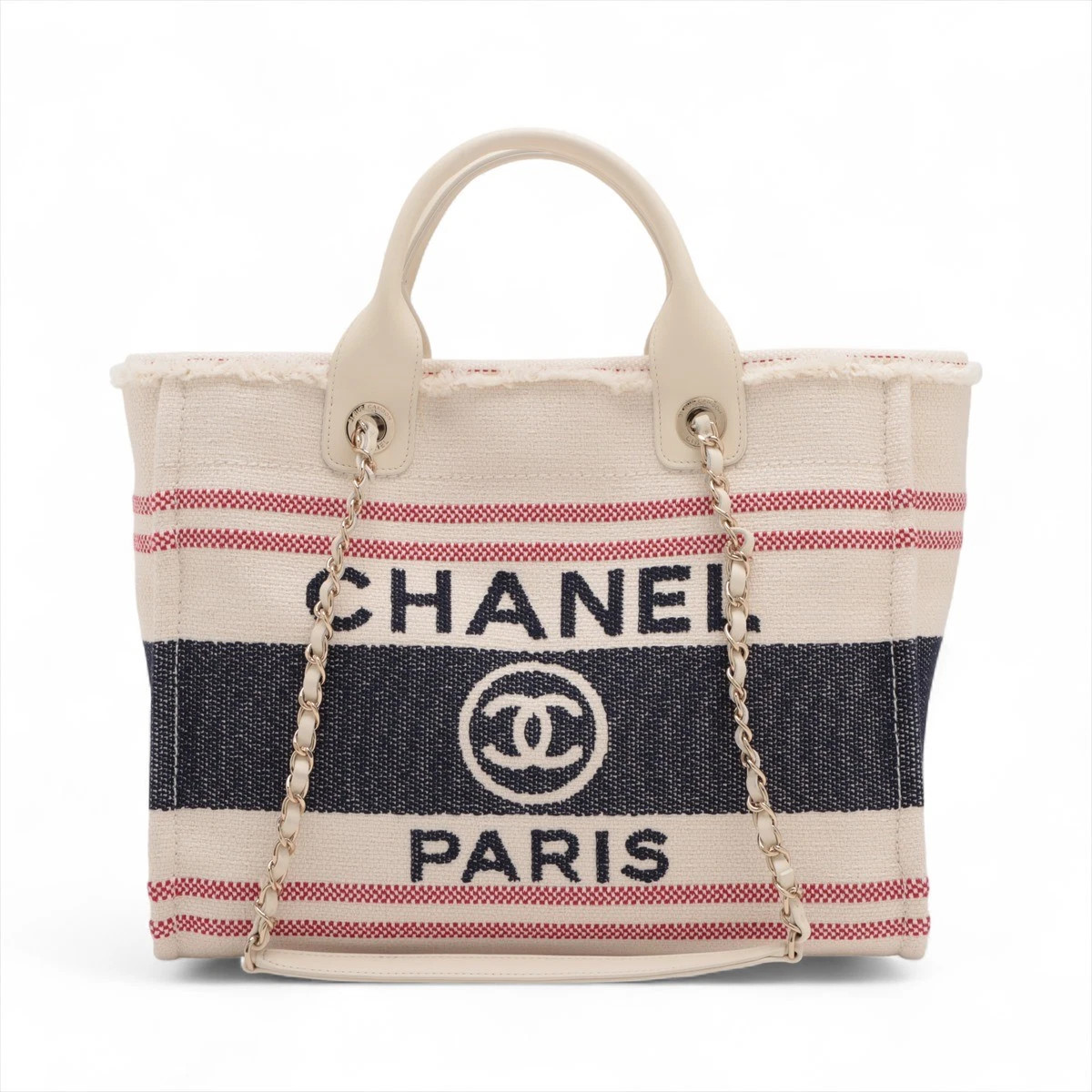 Chanel Deauville MM canvas 2 Way Tote Bag Ivory Gold Metal Fittings random plate | eBay US