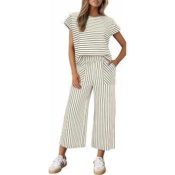Sweetmoon 2 Piece Sets for Women Summer Outfits Short Sleeve Top Wide Leg Crop Pants Womens Match... | Amazon (US)