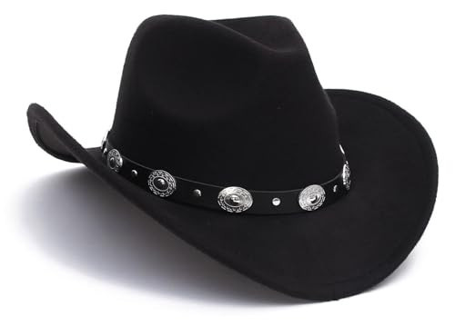 Black Cowboy Cowgirl Hat for Women Men Western Style Wide Brim Felt Fedora Panama Hat with Detachable Belt Buckle | Amazon (US)