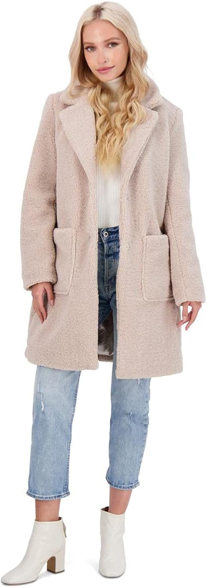 French Connection Teddy Faux Shearling Coat for Women-Open Front Lapel Midi Coat | Amazon (US)