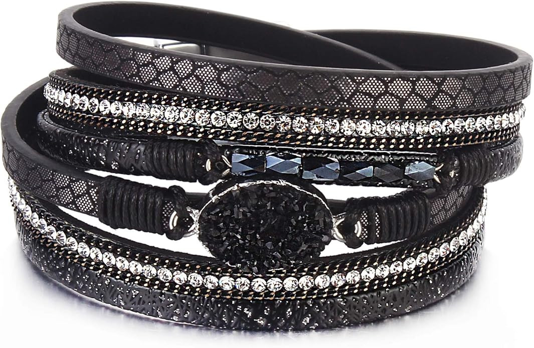 FANCY SHINY Leather Wrap Bracelet Boho Cuff Bracelets Crystal Bead Bracelet with Magnetic Clasp f... | Amazon (US)
