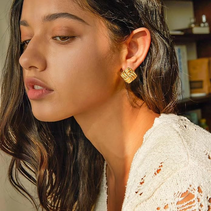 Gold Statement Chunky Stud Earrings for Women，Geometric Square Textured Vintage Trendy Jewelry | Amazon (US)