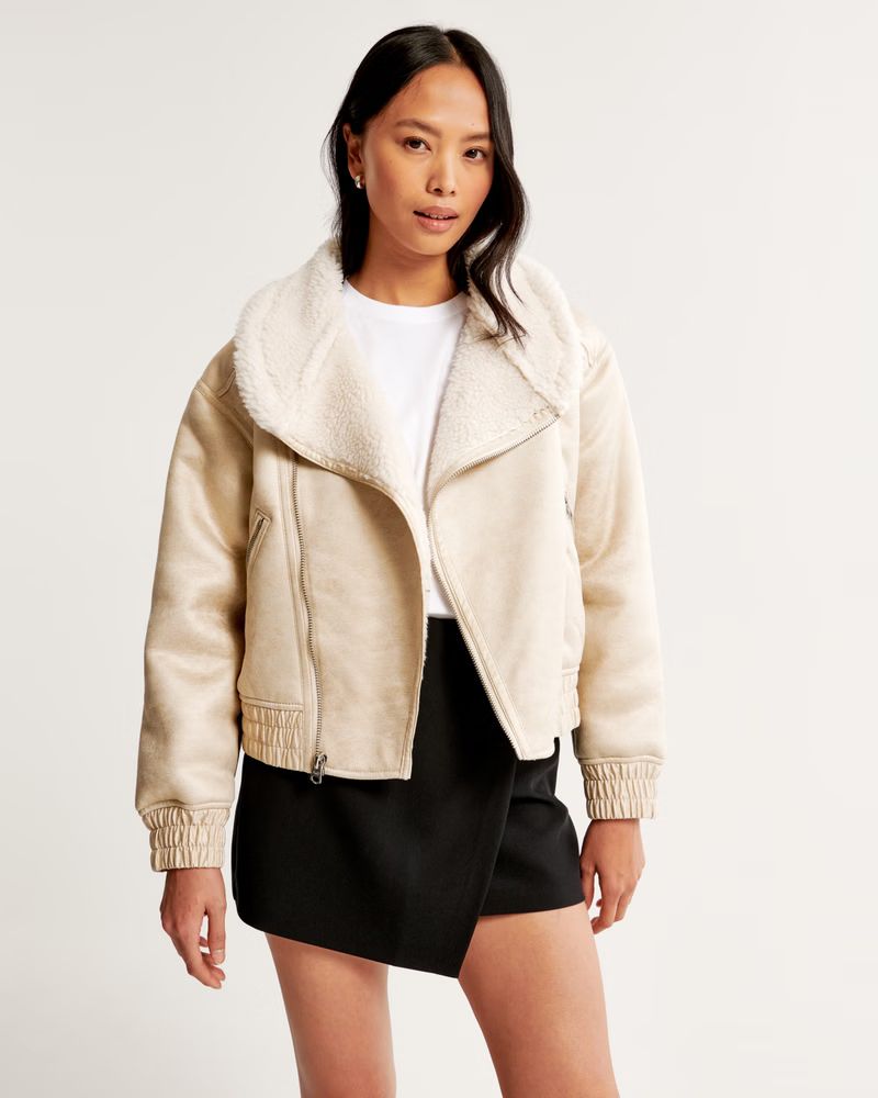 Vegan Suede Sherpa-Lined Bomber Jacket | Abercrombie & Fitch (US)