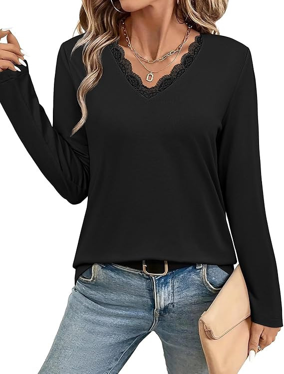 JUSTFASHIONNOW Long Sleeve Shirts for Women Lace V Neck Tunic Tops Dressy Business Casual Blouses... | Amazon (US)