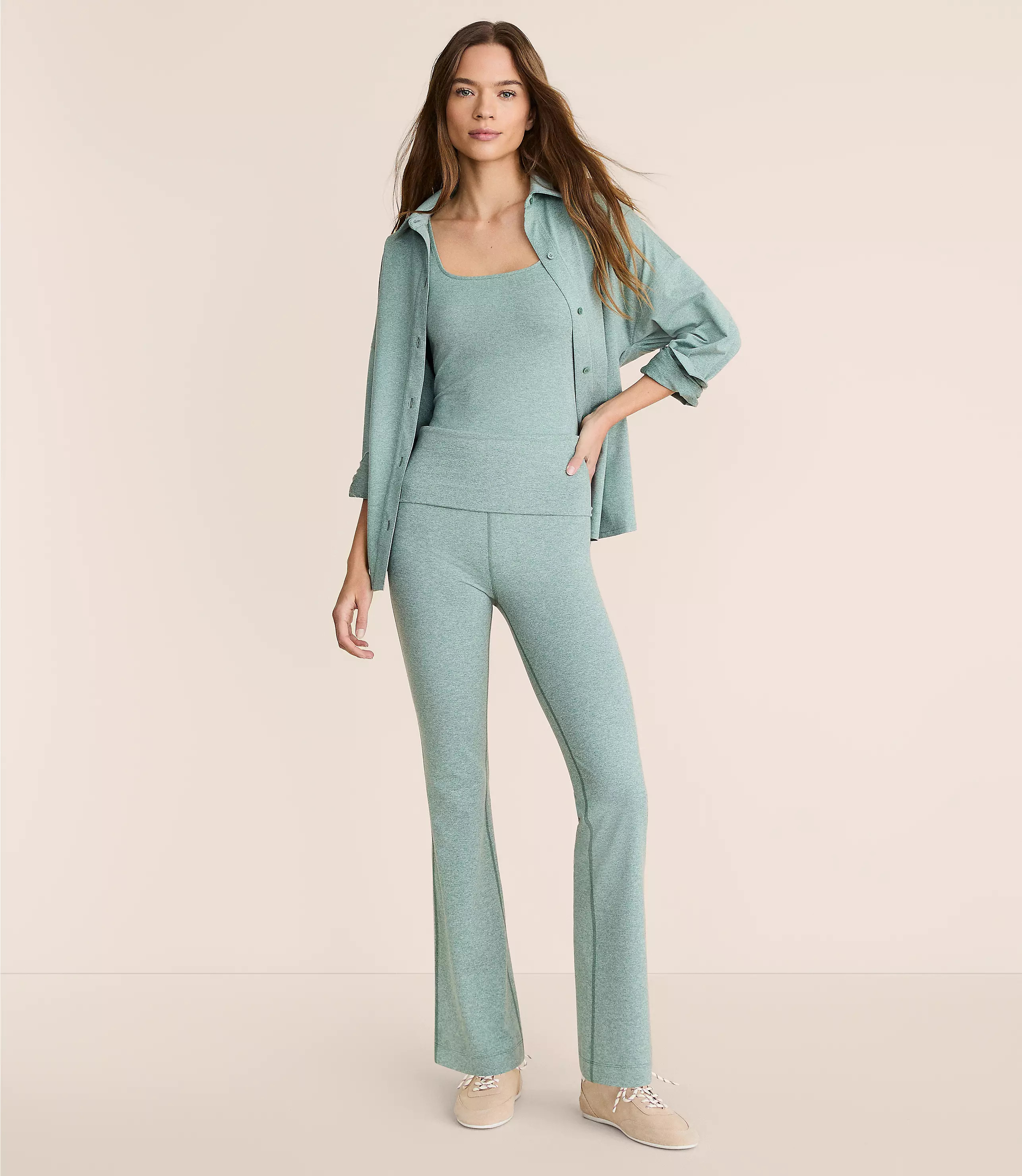 Lou & Grey Heathered Brushedsoft Foldover Flare Pants | LOFT