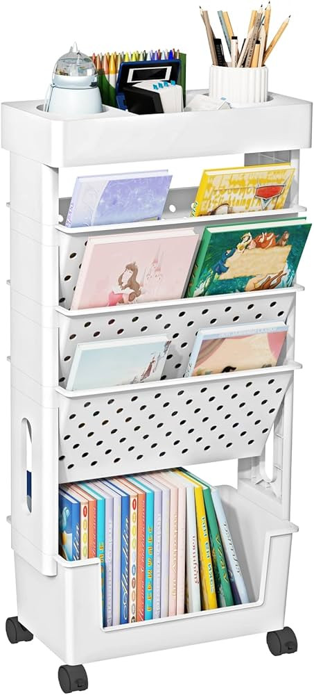 5 Tier Rolling Utility Cart Multi-Functional Movable Storage Book Shelves with Lockable Casters f... | Amazon (US)