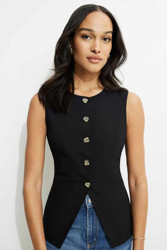 Emery Round Neck Flyaway Vest | Dynamite Clothing