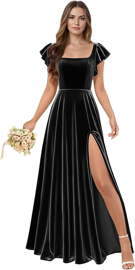 Eightale Velvet Bridesmaid Dress with Slit Flutter Sleeve Square Neck Long A-Line Backless Formal... | Amazon (US)