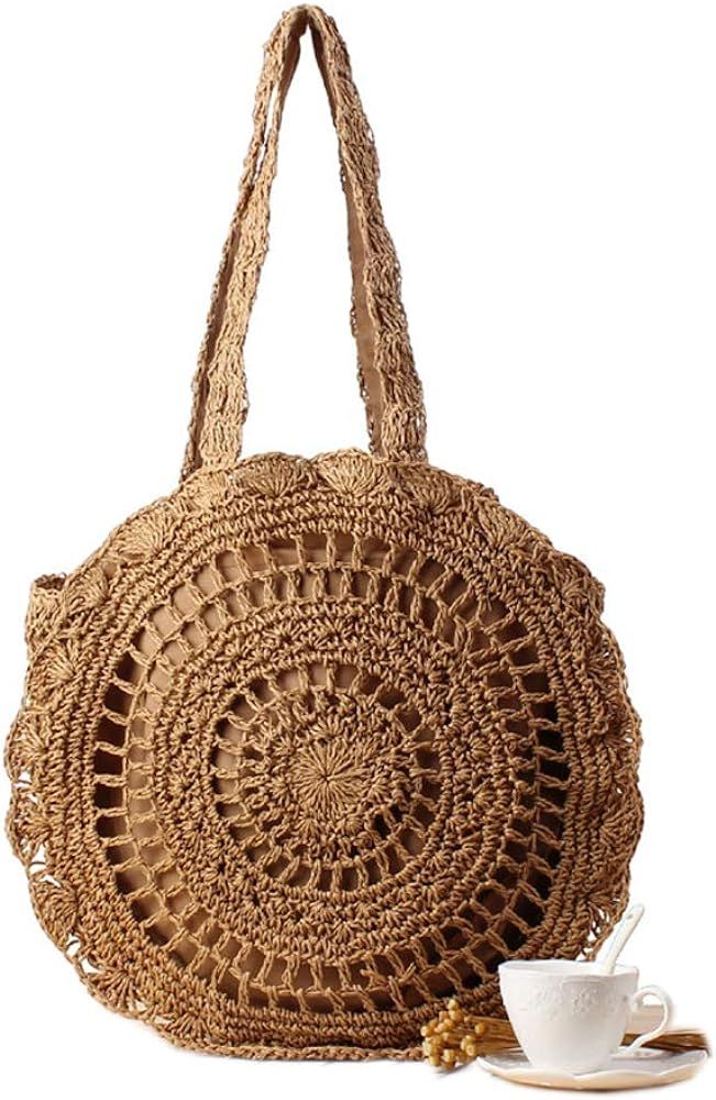 Women's Straw Handbags Large Summer Beach Tote Woven Round Pompom Handle Shoulder Bag | Amazon (US)