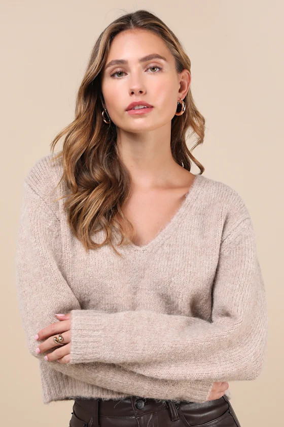 Coquette Cozy Heather Taupe Long Sleeve Bow Pullover Sweater | Lulus
