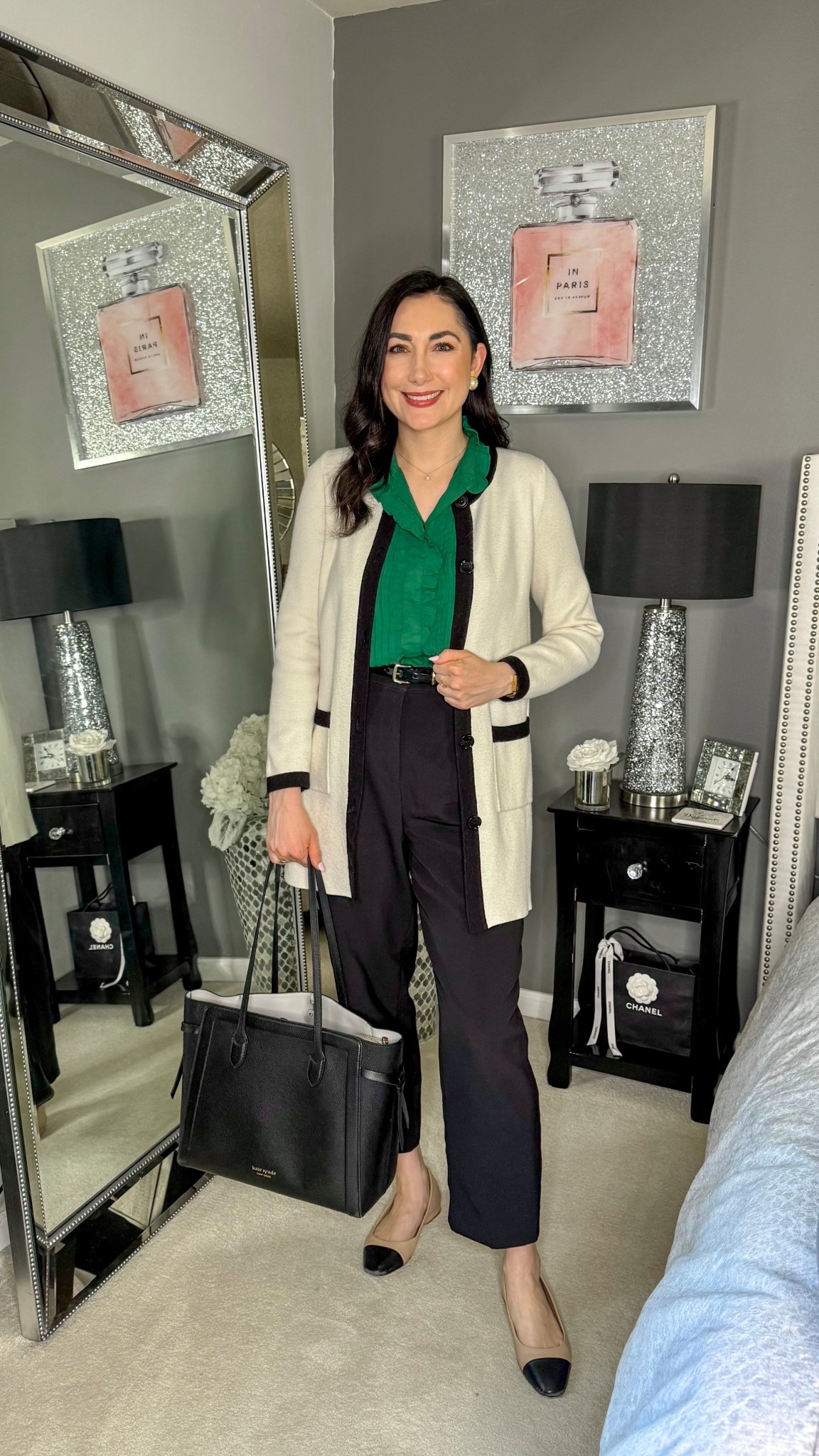 Business casual work outfit 💚🤍🖤

Cream cardigan with black trim 
Green blouse 
Black pants 
Cap toe flats 

Work wear 
Office outfit
Office style 


#LTKSeasonal #LTKWorkwear #LTKSaleAlert