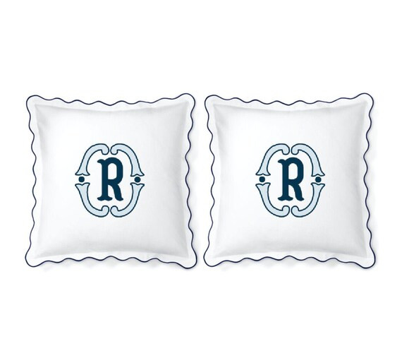 Navy Scallop Euro Shams with Monogram, Set of 2 | Etsy (US)