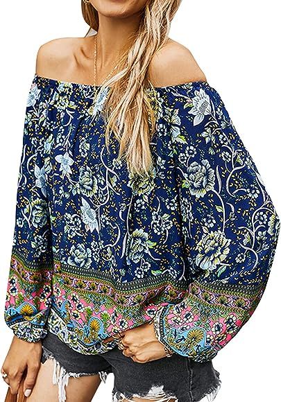 Off Shoulder Blouse Women's One Shoulder Floral Printed Shirts Sexy Casual Retro Lightweight Tops | Amazon (US)