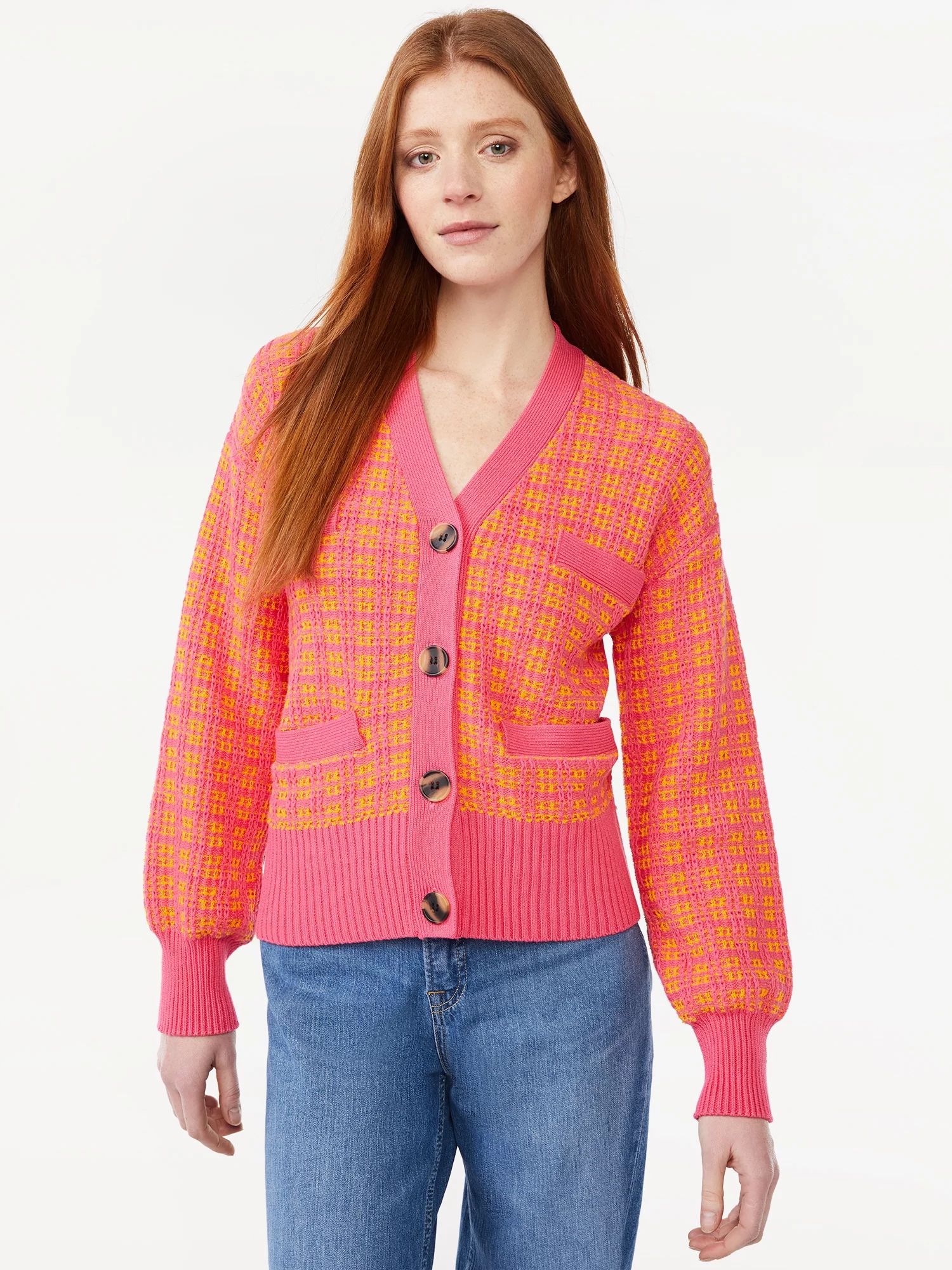 Free Assembly Tweed Cardigan Sweater with Welt Pockets, Midweight - Walmart.com | Walmart (US)