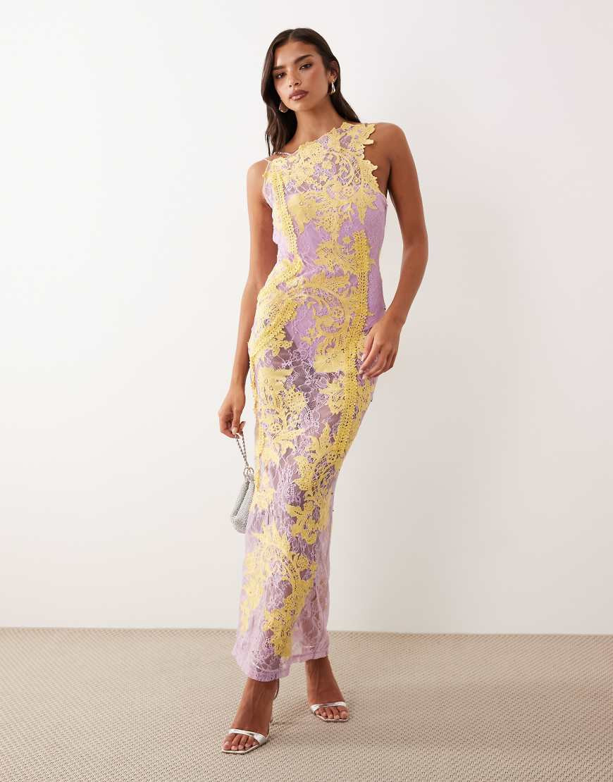ASOS DESIGN – Besticktes und verziertes Kleid aus Spitze in Flieder mit Rückenausschnitt und Zierausschnitten-Lila | ASOS (Global)