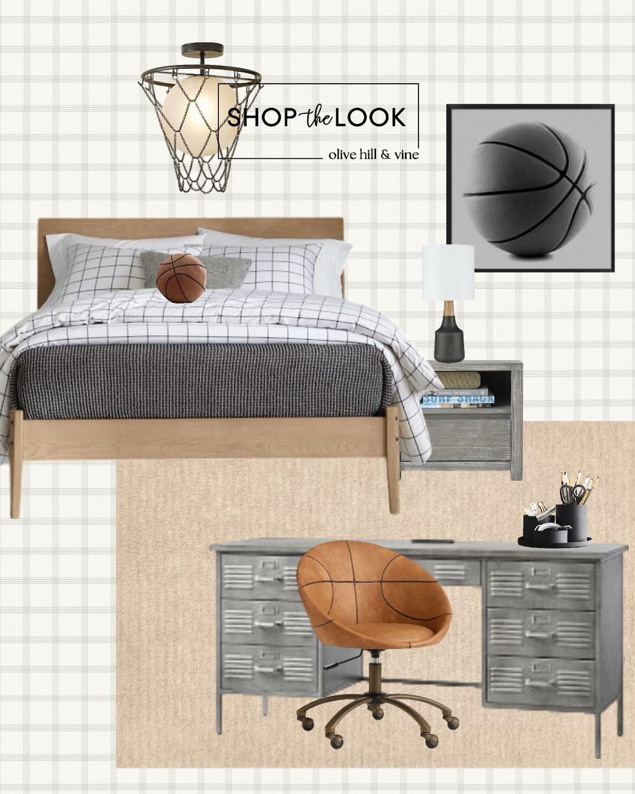 Game on! This basketball-themed bedroom scores big on style. A classic bed with a bowed headboard pairs with plaid bedding, a textured rug, and a locker-style desk. Standout hoops-inspired touches—like a basketball chair and hoop light—bring the energy of the court inside. 

#LTKHome #LTKKids #LTKFamily