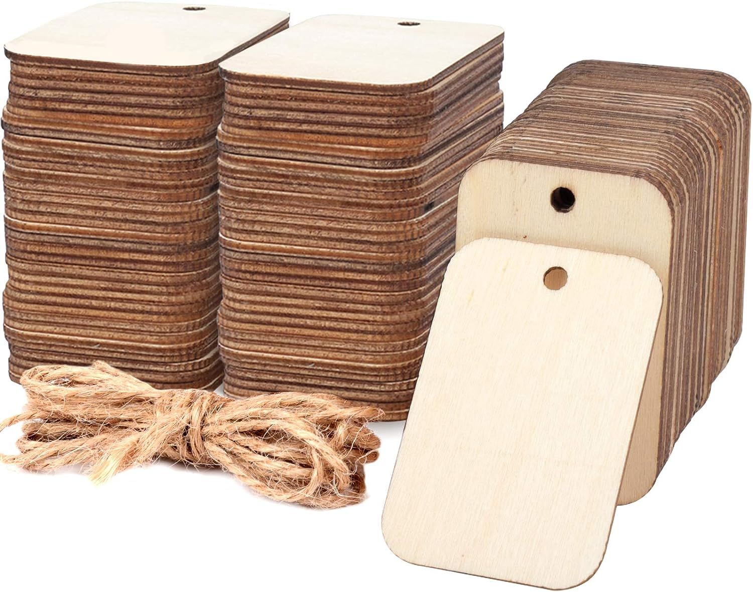 100 Pcs Unfinished Wood Pieces Rectangle-Shaped, Light Wooden Cutout Natural Rustic with Hole, an... | Amazon (US)