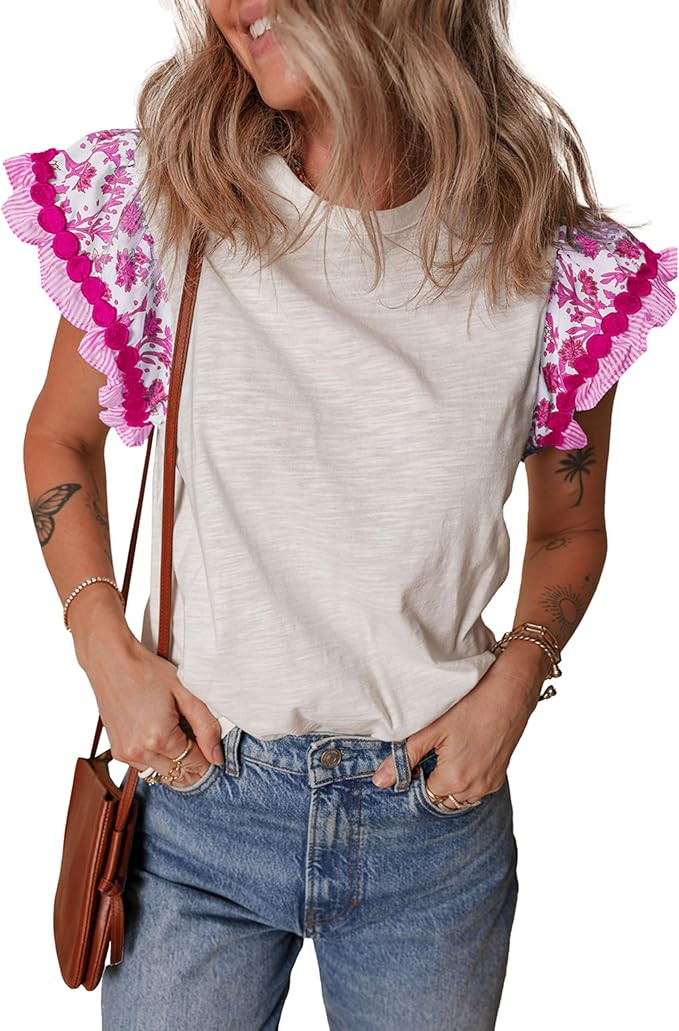 SELINK Womens Summer Ruffle Short Sleeve Top Crewneck T Shirts Floral Trim Casual Blouses | Amazon (US)