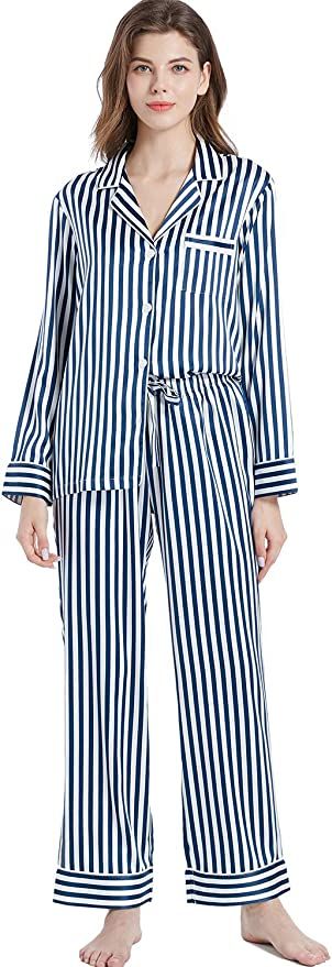 Serenedelicacy Women's Silky Satin Pajamas Button Up Long Sleeve PJ Set Sleepwear Loungewear | Amazon (US)