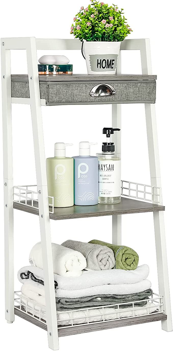 keomaisyto 3-Tier Bathroom Ladder Shelf, Bathroom Floor Storage Shelf with Drawer, Freestanding T... | Amazon (US)