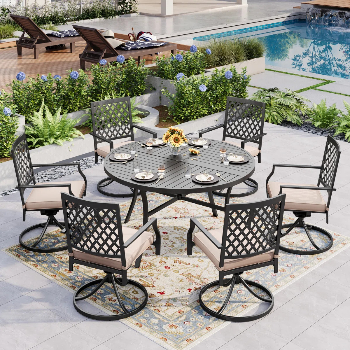 Deeana 6 - Person Patio Dining Set with Round Table , Cushions Included | Wayfair North America
