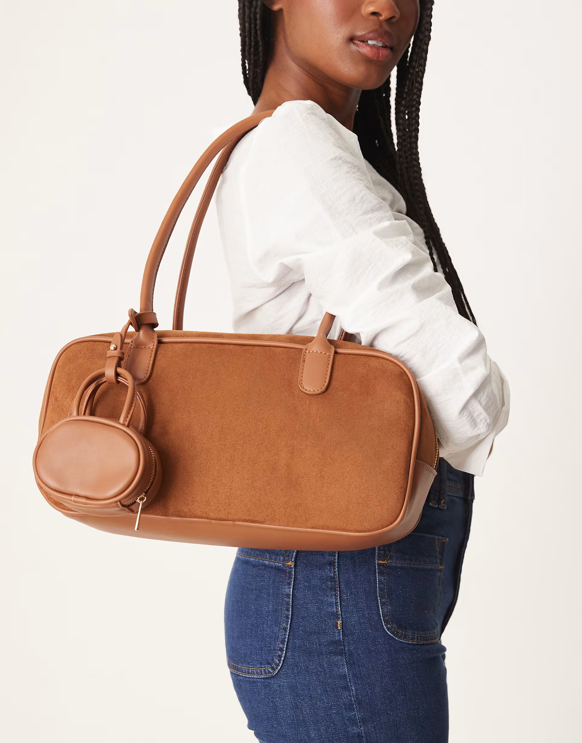 ASOS DESIGN faux suede large bowler tote bag with mini bowler bag in tan | ASOS (Global)