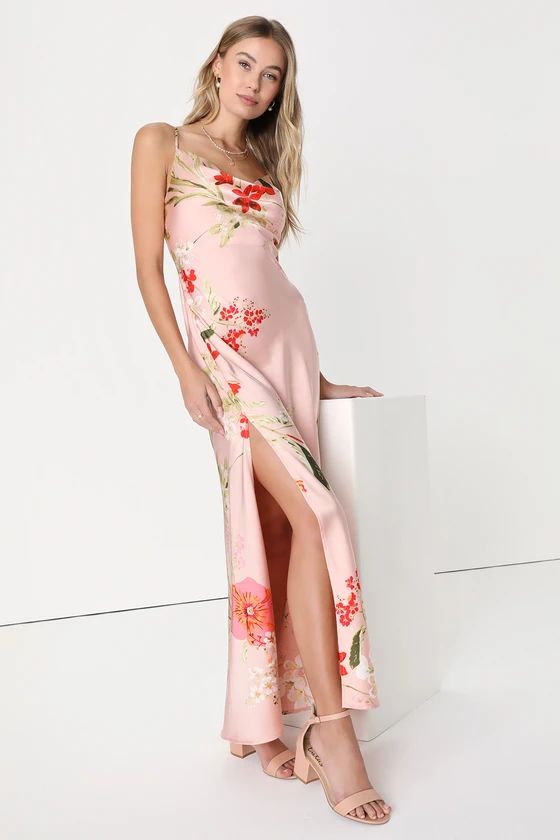 All About the Drama Blush Pink Floral Satin Cowl Neck Maxi Dress | Lulus (US)