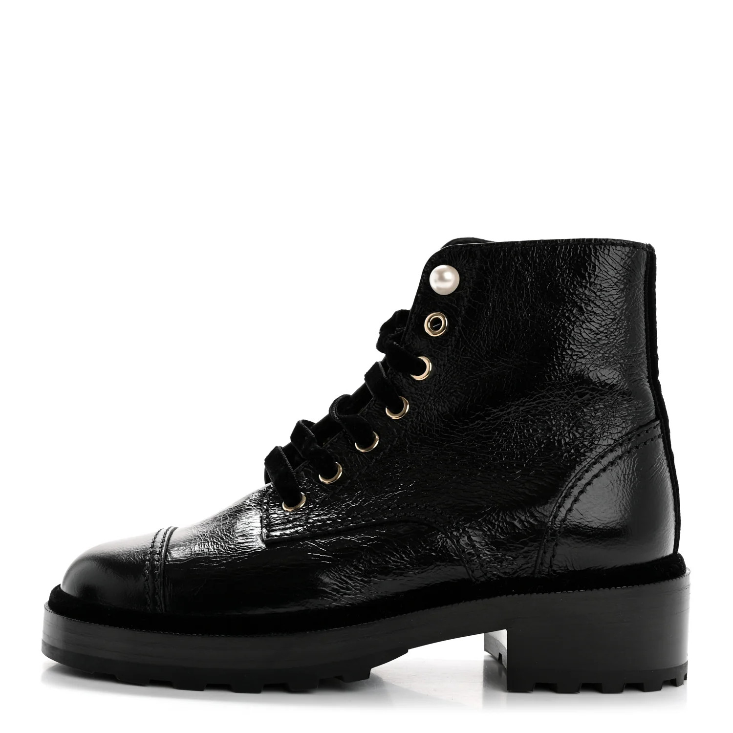 Chanel Shiny Calfskin Velvet Pearl Combat Short Boots 36 Black 1739930 | FASHIONPHILE (US)