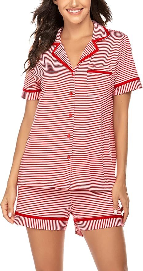 Ekouaer Pajamas Soft Striped Women's Short Sleeve Button Sleepwear Shorts Shirt PJ Set(S-XXL) | Amazon (US)