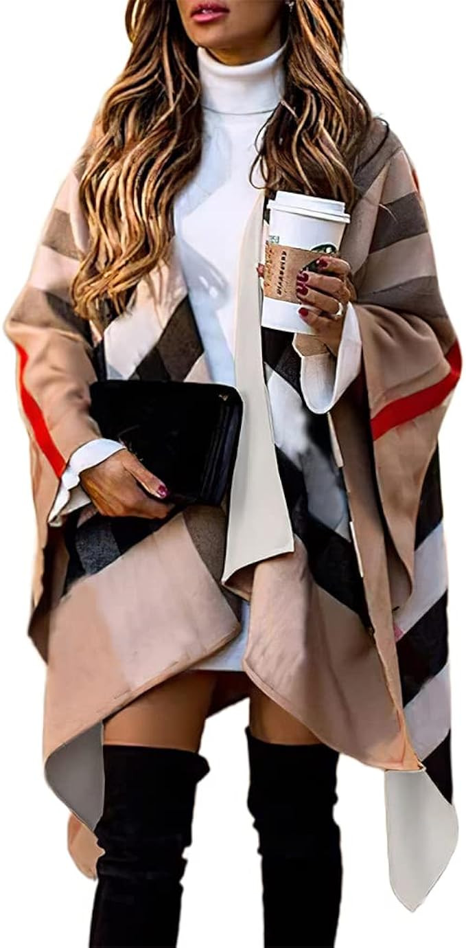 Women's Plaid Cloak Sweater Poncho Cape Coat Blanket Shawls and Wraps Dual-use Woolen Scarf Coat ... | Amazon (US)