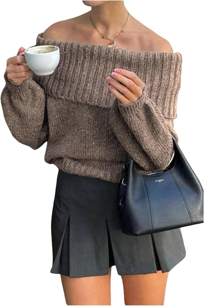 Floerns Women's Off Shoulder Sweater Long Bishop Sleeve Foldover Knitted Pullover Sweaters | Amazon (US)