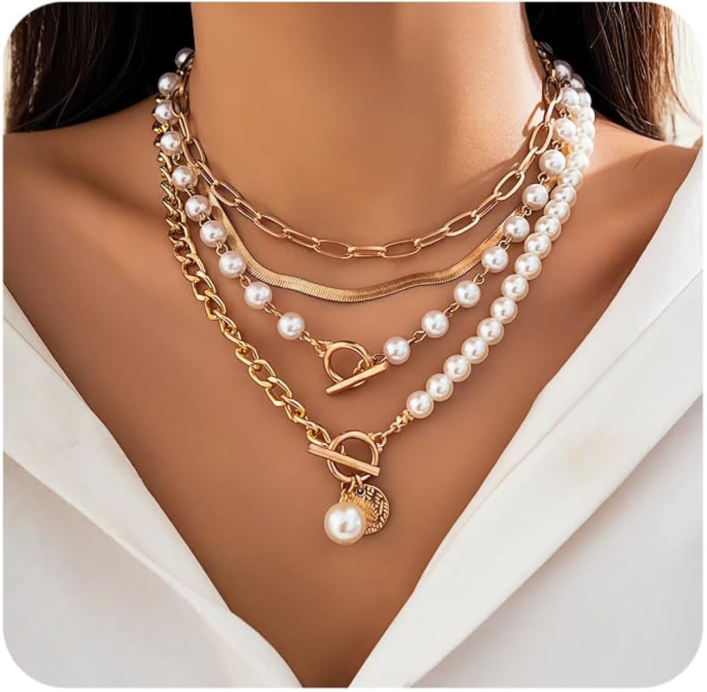 4 PCS Layered Gold Necklace for Women Chunky Gold Necklace Stack Paperclip Chain Pearl Necklace H... | Amazon (US)
