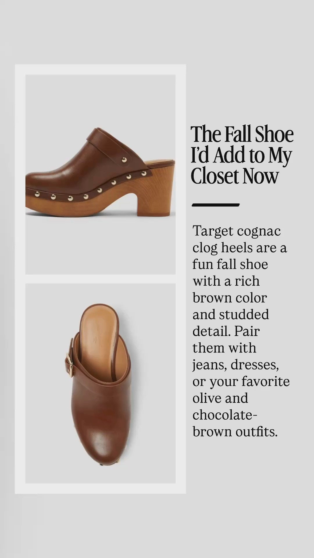 Target cognac clog heels are such a fun fall find. I love the rich brown color, wood-look sole, studded detail, and chunky heel, they’ll look great with jeans, dresses, and all your favorite fall colors.

👩‍💻 LTK PRO TIPS
❤️ Heart = Support my posts ;-)
🔖 Save = Get sale & restock alerts for the things you love!
📋 Lists = Keep favorites organized (List ideas: Christmas, Birthdays, and Vacations!)
📲 Share = Send lists and products to a friend (or your daughters like me).
💬 Comment = Ask me anything, and I’ll answer. ;-)