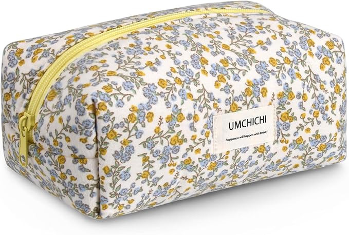 Premium Fabric Cotton Makeup Bag, Vintage Blue & Yellow Daisy Floral Travel Pouch | Amazon (US)