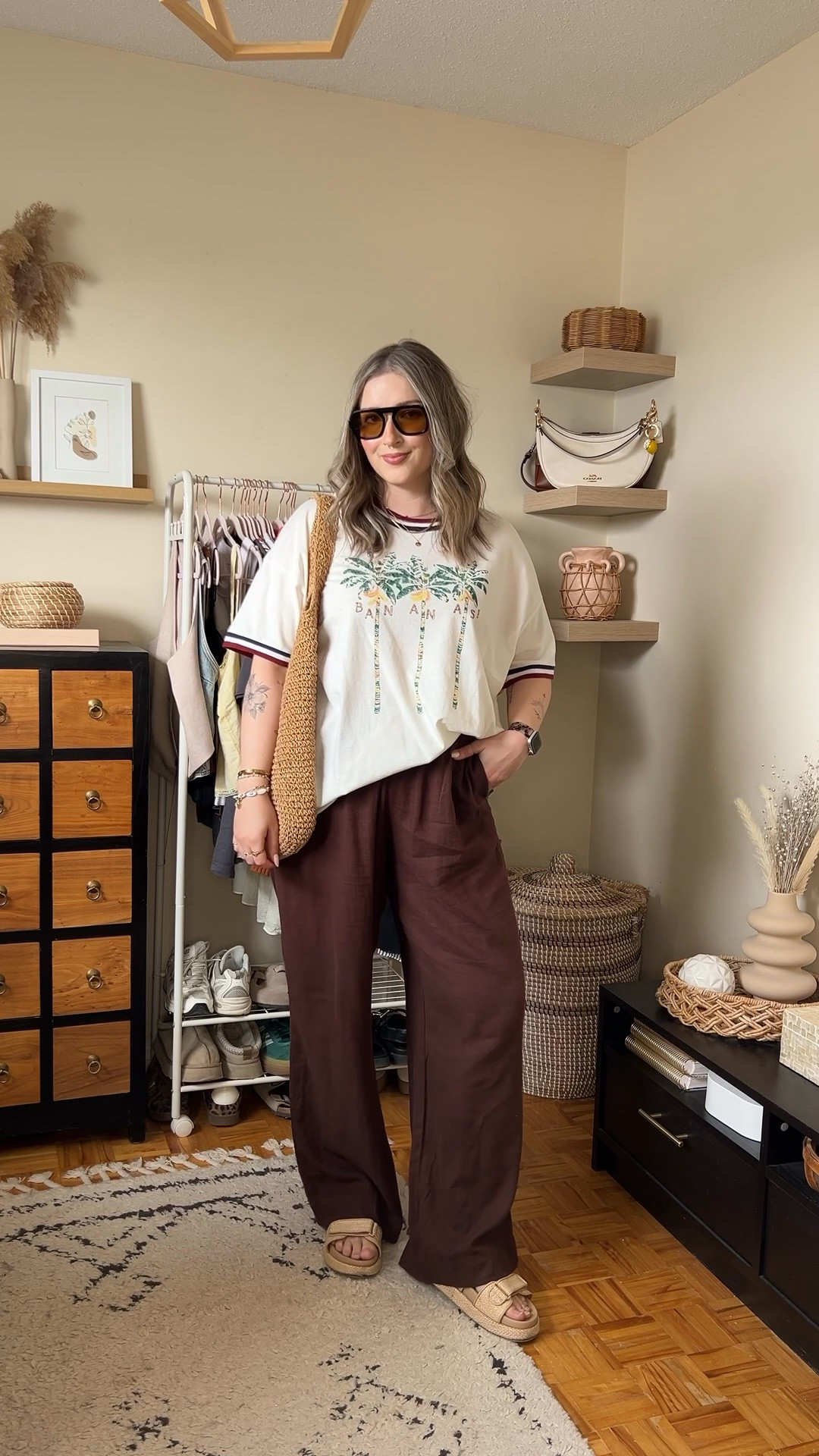 Comfy casual summer outfit! Wearing my usual size L in the graphic tee and L tall in the linen pants (Canadian pants link under “similar products”). Sunnies and straw bag are Amazon finds! Linked similar sandals

#LTKmidsize #LTKsummer #LTKstyletip