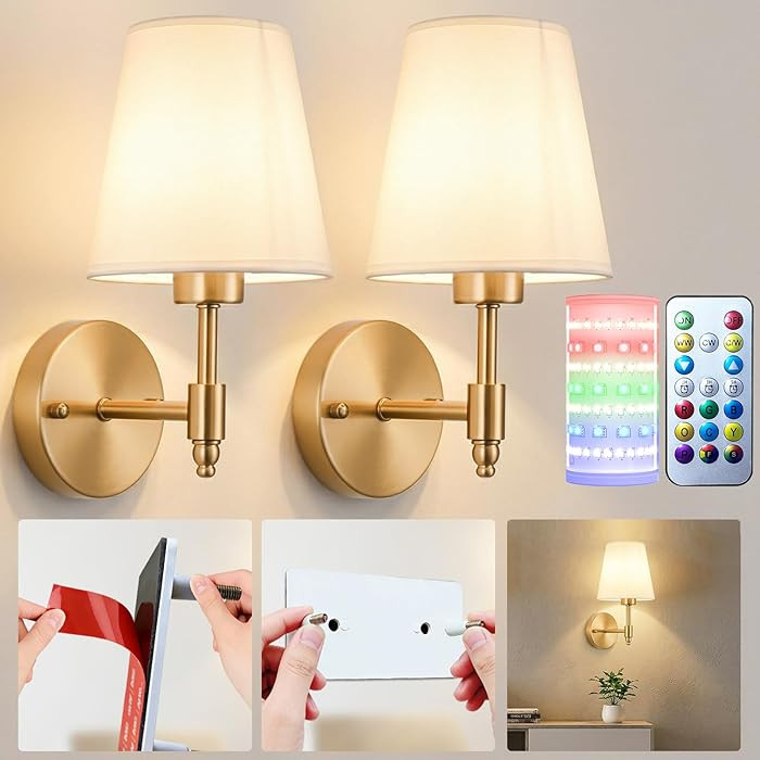 Nekhung Battery Operated Wall Sconces Set of Two, Wireless Battery Wall Light with 10000mAh RGB D... | Amazon (US)