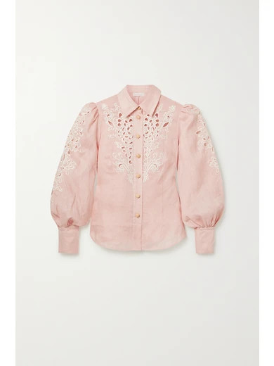 Zimmermann - Freja Broderie Anglaise-trimmed Linen Blouse - Baby pink | NET-A-PORTER (US)