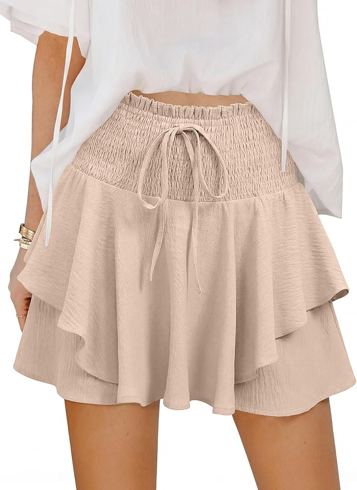 Caracilia Summer Shorts for Women Flowy Mini Skirts Elastic High Waist 2026 Tiered Ruffle Casual ... | Amazon (US)