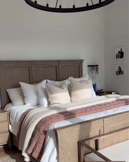 Spring bedding - Pottery Barn. (The 3 back euro shams in “rosewoood" are backordered!)

Our headboard is from RH :) 

#LTKhome