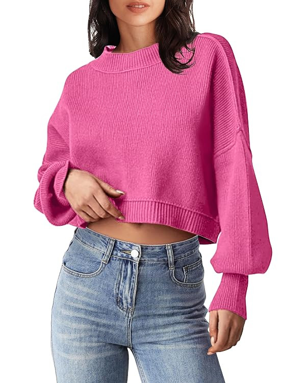MEROKEETY Women's Crewneck Cropped Sweater 2023 Fall Batwing Sleeve Oversized Side Slit Ribbed Kn... | Amazon (US)