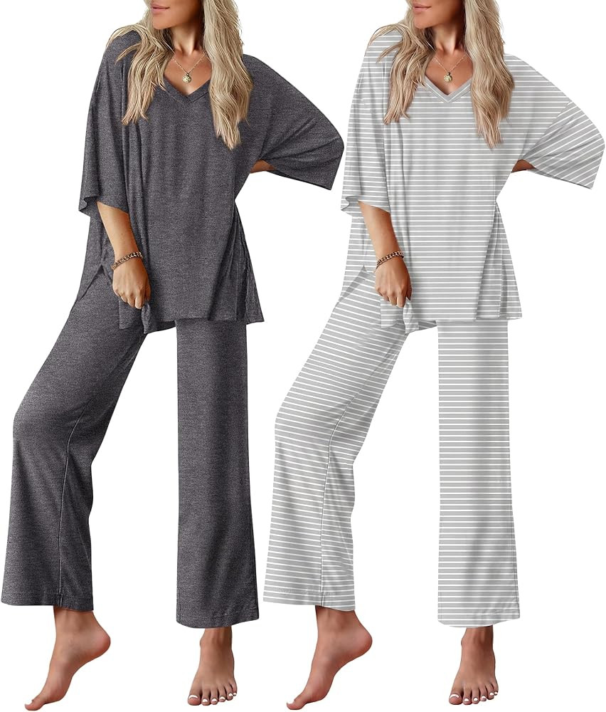 Ekouaer 2 Packs Lounge Set for Women Short Sleeve Pajamas Top and Long Pant | Amazon (US)