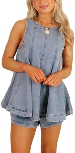 REASERAL Women's Casual Denim Sleeveless Flared Tank Top and High Waisted Shorts Two Piece Outfit... | Amazon (US)