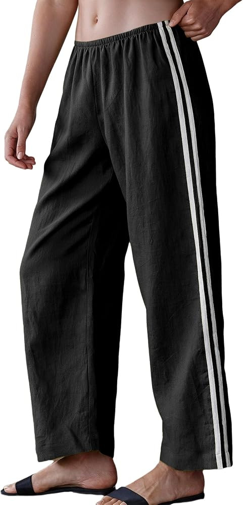 Womens Cropped Striped Linen Pants Summer Casual Wide Leg Pants Elastic Waist Beach Vacation Loun... | Amazon (US)