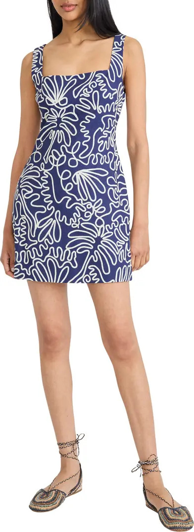 Squiggle Print Square Neck Linen Blend Minidress | Nordstrom