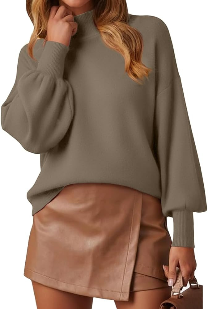 WEACZZY Women's 2025 Fall Fashion Casual Sweaters Mock Neck Long Lantern Sleeve Lightweight Knit ... | Amazon (US)