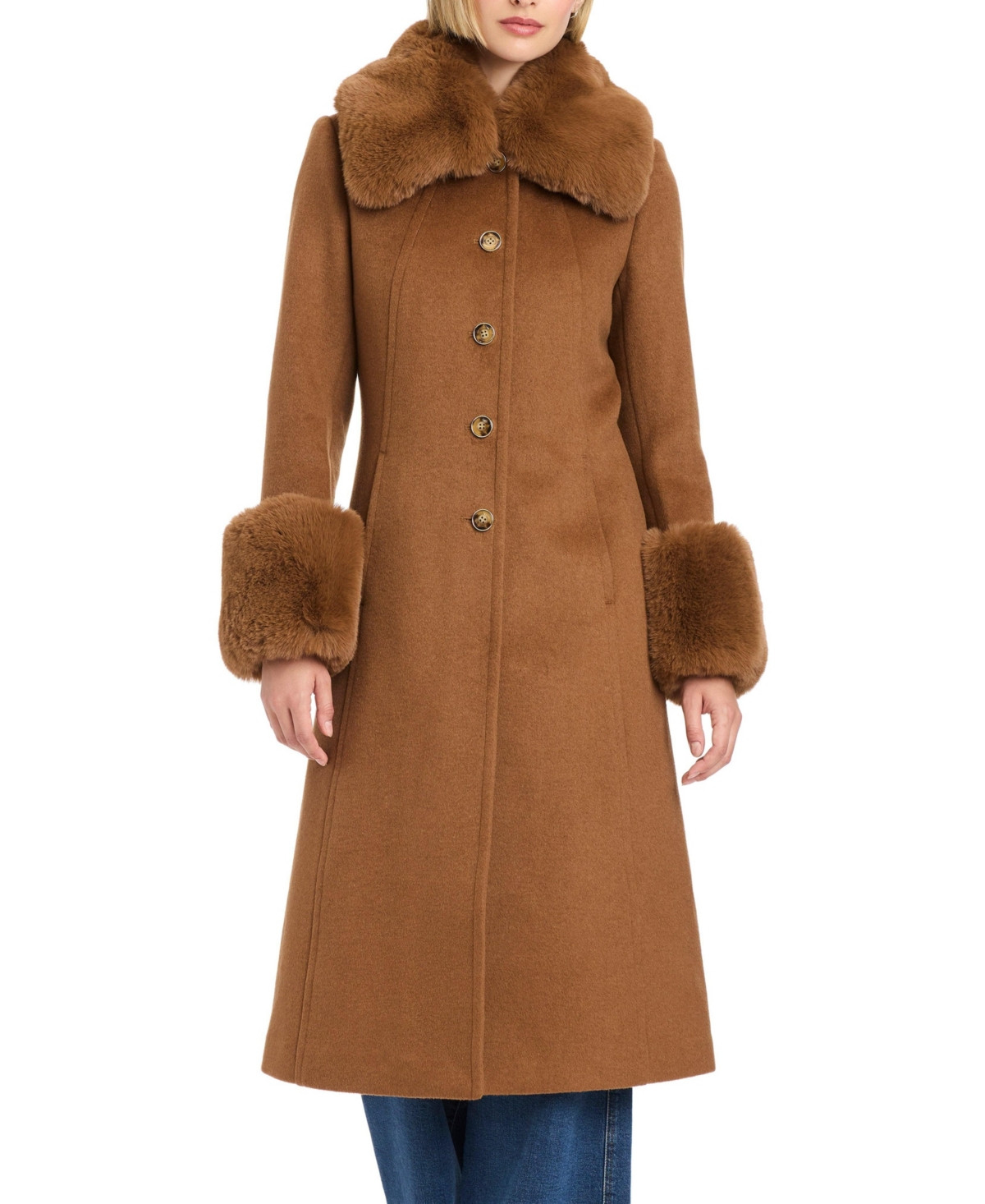 Vince Camuto Women's Single-Breasted Maxi Coat W/ Detachable Faux Fur - Camel | Macy's