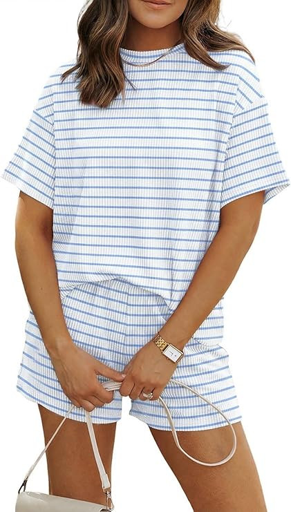 MARZXIN Women 2 Piece Short Set with Vertical Stripes Summer Cruise Outfits | 2026 Short Sleeve P... | Amazon (US)