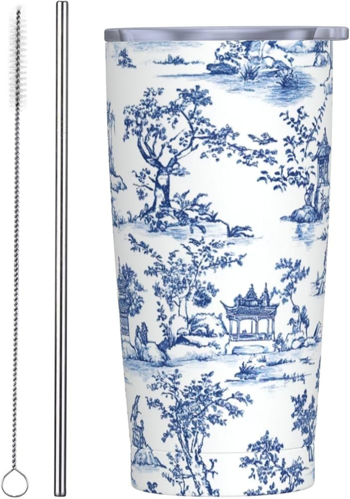 Chinoiserie Blue and White 20oz Tumbler with Lid and Straw Insulated Coffee Mug Stainless Steel T... | Amazon (US)